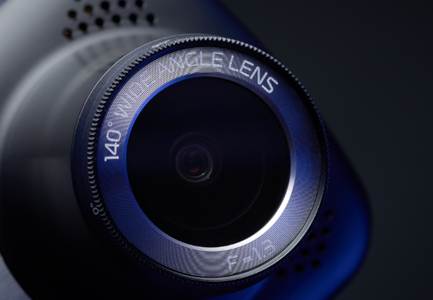 Close up image of a wide angle dash camera lens